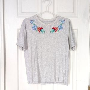 Uniqlo Grey Tee with Floral Embroidery